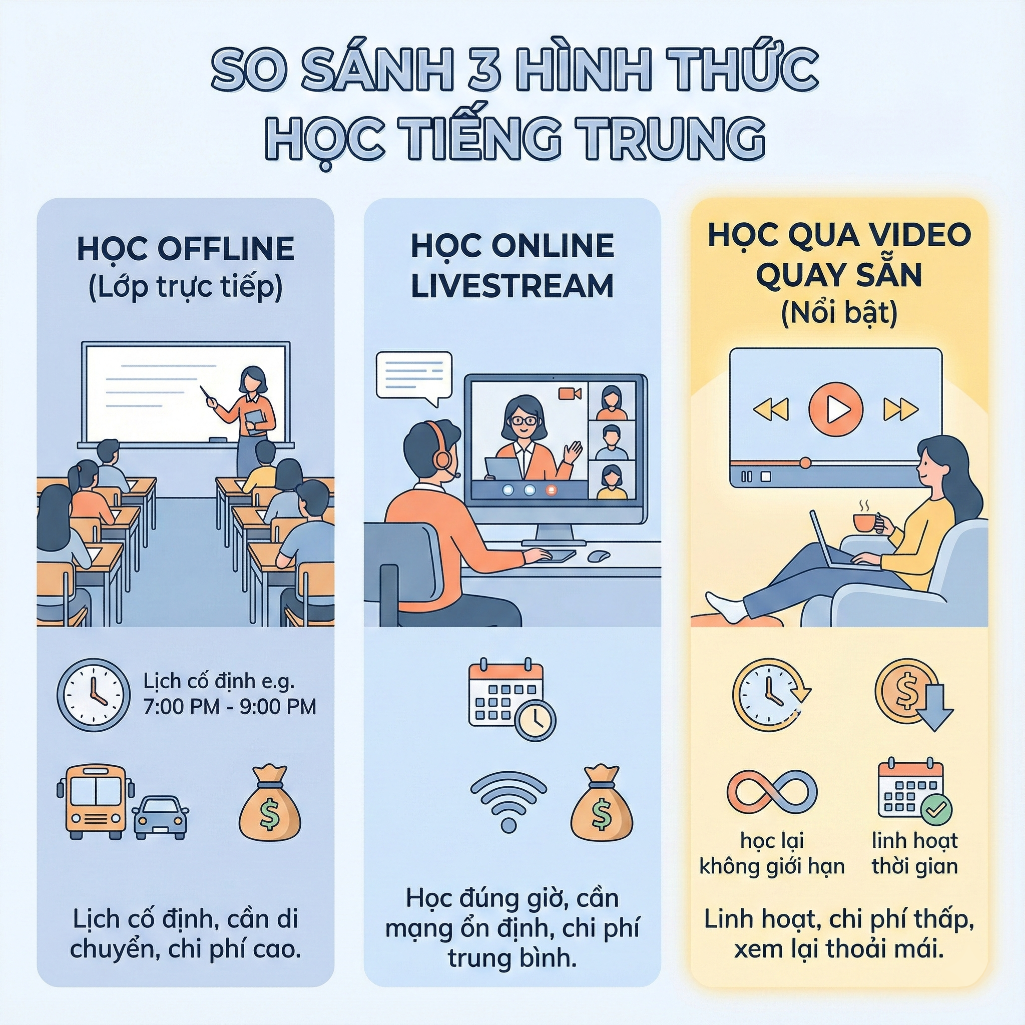 So s&aacute;nh 3 h&igrave;nh thức học tiếng Trung